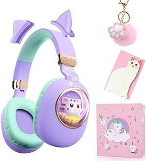 QearFun 7 Colors LED Light Up 3D Cat Headphones Bluetooth, Foldable Cat Ear Wireless On Ear Earphones Gaming Headset with Mic & 3.5mm Jack, Gifts for Kids/Teen Girls/Cat Lover/iPad/Tablet(Purple)
