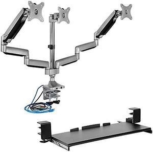 Mount-It! Triple Monitor Mount with USB and Audio Ports, Height Adjustable Arms for 24-32 Inch Screens and Clamp Keyboard Tray, Under Desk Pull Out Keyboard and Mouse Platform, 27 Inch Wide