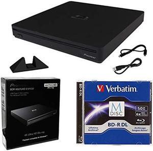 Pioneer BDR-XS07UHD Portable 6x Ultra HD 4K Blu-ray Burner External Drive Bundle with Cyberlink Software Download Installation Code, 50GB M-DISC BD-R DL and USB Cable - Burns CD DVD BD DL BDXL Discs