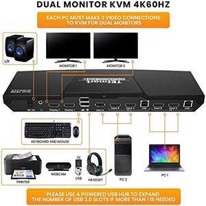 2-Port Dual Monitor KVM - HDMI + HDMI - 4K 60HZ - QHD 144HZ - Audio Output & USB Sharing - Multimedia & Gaming Keyboard Supported - HKS0402A1U...