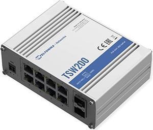 Teltonika TSW200000010 Industrial Unmanaged POE+ Switch, 8X PoE Ports, 8 x Ethernet Ports, Rugged Aluminum Housing, 2 SFP Ports for Long-Range Fiber-Optic, 20 Gbps Bandwidth Non-Blocking, IP30