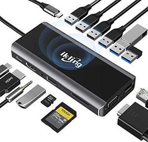 USB C Hub, 15-in-1 USB C Adapter to HDMI, VGA, Wireless Charger, Gigabit Ethernet, 3 USB 3.0, SD/TF Card Reader, USB C to 3.5mm, USB C Dock for MacBook Pro and Type C Device (Thunderbolt 3)