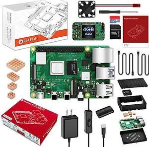 RasTech Raspberry Pi 4 Model B 4GB Starter Kit with 32GB Micro SD Card, Power Supply with ON/Off, Case, Cooling Fan, HDMI Cables, Copper Heatsinks, Card Reader, Screwdriver