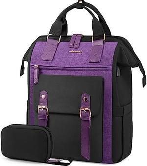 LOVEVOOK Laptop Backpack Women, Work Travel Laptop Backpack Purse for Women, Nurse Teacher Business Laptop Bag, Fashion College Backpack, Waterproof Wide Open Computer Back pack, 17 Inch, Black-Purple