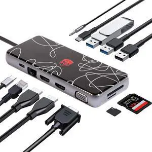 Mirabox USB C Hub,USB C Docking Station,12-in-1 Triple Display Type C Adapter with 4K HDMI,1080P VGA,USB3.0,Ethernet,100W PD,SD/TF for MacBook/Dell/ASUS/Surface/HP/Lenovo Thunderbolt 3/4 Laptop