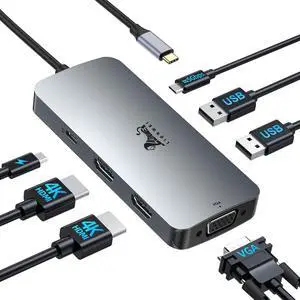 LIONWEI USB C Hub 3 Monitors, 7 in 1 USB C Docking Station Dual HDMI+ VGA Monitors Adapter, USB C to Dual Hdmi Hub Adapter, 100W PD, 2USB-A2.0+USB-C3.0 for Dell XPS, MacBook,HP, Lenovo,etc