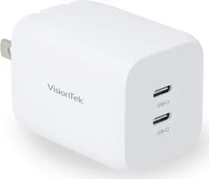 VisionTek GaN II 65W Wall Fast Charger - Dual USBC Port - 2X USB-C - Compatible with MacBook Pro/Air, Ipad, iPhone, Galaxy, Steam Deck, Thinkpad, Dell XPS, Pixel and More - 901536