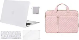 MOSISO Compatible with MacBook Air 13 inch Case 2022-2018 A2337 M1 A2179 A1932, Plastic Hard Shell&Square Quilted Bag with 2 Pockets&Handle&Keyboard Cover&Screen Protector&Pouch, White&Chalk Pink