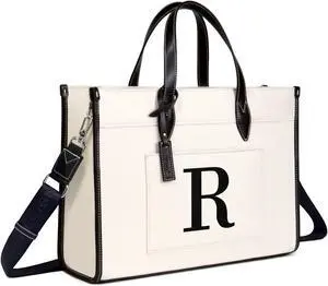 TOPDesign Initial Laptop Tote Bag for Women, Stylish Canvas Bag for 15.6 Inch Computer, Personalized Monogrammed Work Purse, Large Casual Business Briefcase, Office Handbag, Perfect Gifts for Her