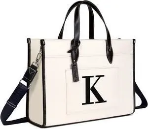 TOPDesign Initial Laptop Tote Bag for Women, Stylish Canvas Bag for 15.6 Inch Computer, Personalized Monogrammed Work Purse, Large Casual Business Briefcase, Office Handbag, Perfect Gifts for Her