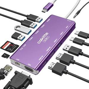 USB C Laptop Docking Station, cakitte 14 in 1 Type C Hub Multiport Adapter with 3 Monitors, Dual HDMI, VGA, PD, Ethernet, SD/TF, Mic/Audio, Compatible for MacBook Dell HP Lenovo (Purple)