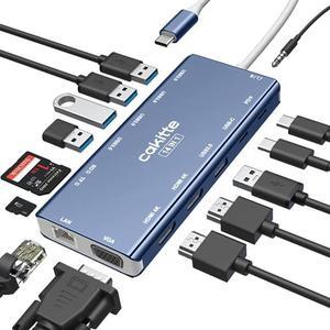 USB C Laptop Docking Station, cakitte 14 in 1 Type C Hub Multiport Adapter Dongle with 3 Monitors, Dual HDMI, VGA, PD, Ethernet, SD/TF, Mic/Audio, Compatible for MacBook Dell HP Lenovo (Blue)