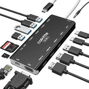 USB C Laptop Docking Station, cakitte 14 in 1 Type C Hub Multiport Adapter with 3 Monitors, Dual HDMI, VGA, PD, Ethernet, SD/TF, USB C/A Ports, Mic/Audio, Compatible for MacBook Dell HP Lenovo (Black)