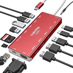 USB C Laptop Docking Station, cakitte 14 in 1 Type C Hub Multiport Adapter with 3 Monitors, Dual HDMI, VGA, PD, Ethernet, SD/TF, USB C/A Ports, Mic/Audio, Compatible for MacBook Dell HP Lenovo (Red)
