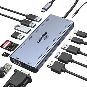 USB C Laptop Docking Station, cakitte 14 in 1 Type C Hub Multiport Adapter Dongle with 3 Monitors, Dual HDMI, VGA, PD, Ethernet, SD/TF, USB C/A Ports, Mic/Audio, Compatible for MacBook Dell HP Lenovo