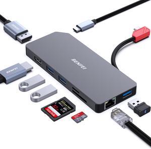 BENFEI 9-in-1 Portable Docking Station, USB C MST Hub to HDMI DisplayPort Dual Monitor/3*USB Type-A/1*USB Type-C(10Gbps+100W PD)/SD/TF Card Reader/1*RJ45 Compatible with MacBook Pro/Air 2023, iMac