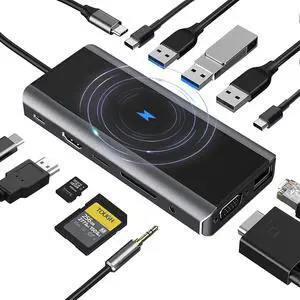 ikling USB c Hub, 13-in-1 USB C Adapter hub to HDMI, VGA, Wireless Charger, 5 USB Ports, Ethernet, SD/TF Card Reader, USB c to 3.5mm Audio, USB c Dock for MacBook Dell XPS HP