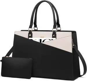 LOVEVOOK Laptop Tote Bag for Women, Leather Business Office Work Bag Computer Briefcase with Small Clutch fit for 15.6 Inch Laptop Black-Beige