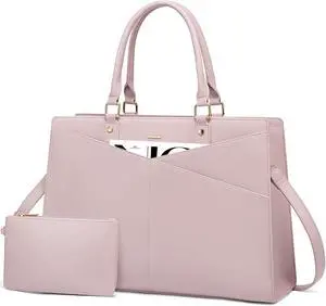 LOVEVOOK Laptop Tote Bag for Women, Leather Business Office Work Bag Computer Briefcase with Small Clutch fit for 15.6 Inch Laptop Pink