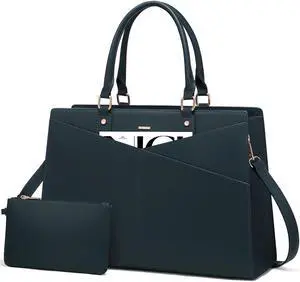 LOVEVOOK Laptop Tote Bag for Women, Leather Business Office Work Bag Computer Briefcase with Small Clutch fit for 15.6 Inch Laptop Green