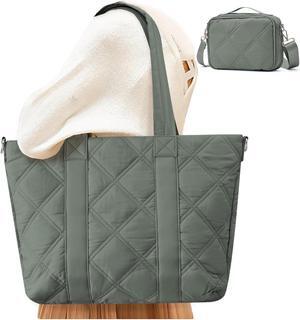 SYCNB Laptop Tote for Women - Travel Shoulder Bag with Laptop Compartment, Quilted Large Purse with Toiletry Bag for Travel, Work, Gym, Green