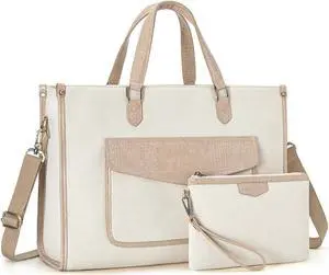 Missnine Tote Bag Canvas Laptop Bag for Women 15.6 inch Casual Work Bags with Clutch Purse Computer Shoulder Bag 2 PCS Set (Croc-embossed Light Khaki)