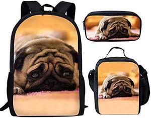 Howilath Pug Dog Cute Pattern 17 Inch School Backpack for Boys Kids Bookbag Set Schoolbag with Lunch Box Pencil Case Laptop Daypack