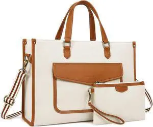 Missnine Tote Bag Canvas Laptop Bag for Women 15.6 inch Casual Work Bags with Clutch Purse Computer 2 PCS Set for Travel, Office, College