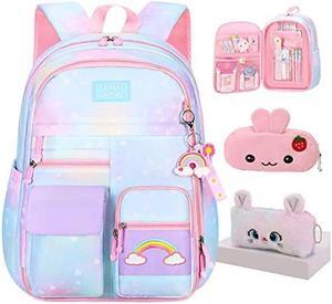 Jcobvig Rainbow Backpack For Girls Kids,Cute Student School Backpack With Pen Bag,Blue Aesthetic Starry Rainbow Laptop Travel Bag (Blue Large 17.5in