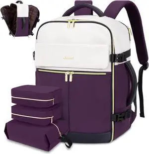 LOVEVOOK Travel Backpack, Carry On Backpack for Women, 40L Flight Approved Personal Item Backpack, Large Water Resistant Luggage Daypack with 3 Packing Cubes, fits 17inch Laptop, Beige-Purple-Black