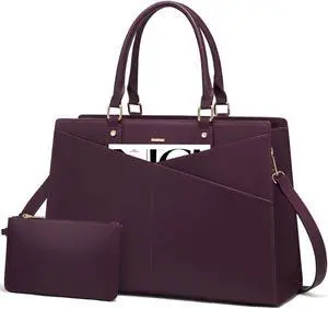 LOVEVOOK Laptop Tote Bag for Women, Leather Business Office Work Bag Computer Briefcase with Small Clutch fit for 15.6 Inch Laptop Purple