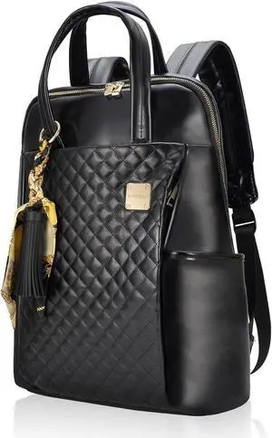 Laptop Backpack for Women Slim Travel - Laptop Bag Computer Case Fit up to 15.6-inch Notebook Lightweight Medium Size Purse for Work Bookbag Water-resistant Business Fashion Stylish PU Leather Black