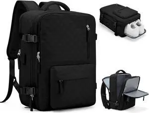 Travel Carry On Backpack for Women, Waterproof Laptop Backpack for Traveling on Airplane Hiking Gym Backpack with USB Charging Port Shoe Compartment, Black