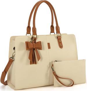 ECOSUSI Laptop Tote Bag Laptop Bag 15.6 inch Work Shoulder Briefcase Computer Messenger with Clutch Satchel Handbag 2 PCS Set (Brown & Beige)