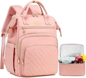 AIJIEKE Lunch Backpack for Women, 15.6 inch Laptop Backpack with Insulated Cooler Lunch Bag Set for Lunch Box Work Backpack for Travel Nurse Teacher, Pink