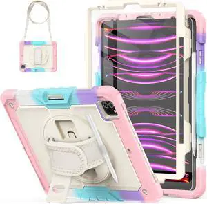 HXCASEAC Case for iPad Pro 12.9 Case 6th 5th 4th 3rd Generation with Pencil Holder/Hand Strap/Screen Protector/Wireless Charge Attachment, Heavy Duty Protective 12.9-inch 2022/2021/2020/2018 - Pink