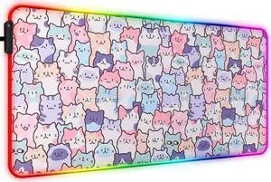 JIANG100 RGB Pink Cat Mouse Pad, Large LED Gaming Light Up Computer Mousepad, Long Glowing PC Laptop and Keyboard Office Desk Mat for Women