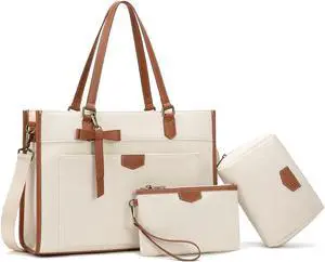 Keyli Laptop Tote Bag Canvas Laptop Bag for Women 15.6 inch Casual Work Shoulder Bags Large Capacity Professional Business Office Computer Briefcase Handbag Purses for Travel, Office, School Brown