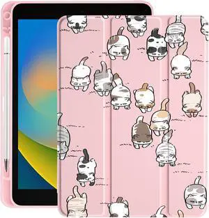 Cute Kawaii Cat for iPad 10.2 Inch 7th/8th/9th Gen Case 2019/2020/2021 with Pencil Holder, Foldable Pink Leather Cover Case, Support Auto Sleep Wake