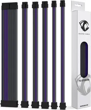 Reaper Cable Sleeved PSU Extension Set - Power Supply Extensions - 1x 24 Pin/ 2X 8 Pin/ 2X 6 Pin/ 1x 4+4 Pin - with Combs - 30cm (Carbon & Purple)
