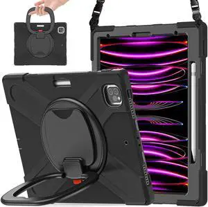 SCSVPN iPad Pro 12.9 Case 2022/2021/2020/2018: Full Drop-Proof Rugged Protection Cover for iPad Pro 12.9 Inch 6th/5th/4th/3rd Generation- Pencil Holder - Rotating Stand/Handle - Shoulder Strap, Black