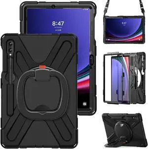 360 Rotation Case for Samsung Galaxy Tab S9+ 12.4'' 2023/S8+ /S7+/S7 FEwith Shoulder Strap S Pen Holder Rotatable Kickstand/Handle Rugged Silicone Case(Balck)