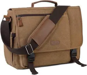 VASCHY Messenger Bag for Men, Canvas Water Resistant Briefcases 15.6in Laptop Bag Crossbody Satchel Computer Bags for Work Office Bag for Women Camel