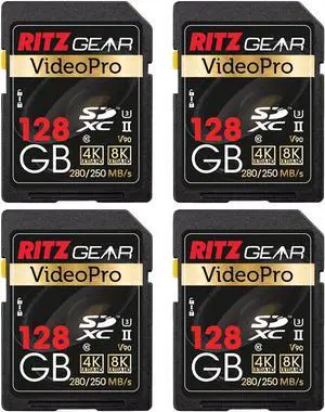 Ritz Gear 128GB High-Speed SDXC UHS-II SD Card, C10, U3, V90, Full-HD & 8K Memory Card for DSLR, Cinema-Quality Video Cameras (4 Pack)