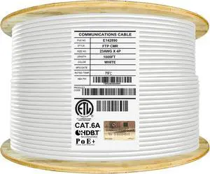 Elite Cat6A Shielded Riser (CMR), 1000ft, FTP 23AWG, Solid Bare Copper, 650MHz, 10Gb Speeds, UL Listed, UL-LP Certification, Higher Performance PoE, Bulk Ethernet Cable Reel, White