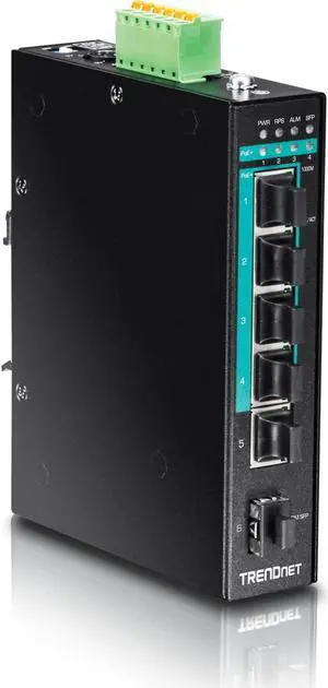 TRENDnet 6-Port Hardened Industrial Gigabit Poe+ Layer 2 Managed DIN-Rail Switch, 4 x Gigabit PoE+ 802.3at Ports, 1 x Gigabit Port, 1 x Gigabit SFP Slot, 120W Power Budget, Black, TI-PG541i