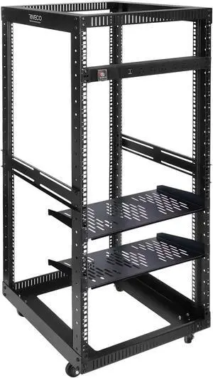 RIVECO 25U Open Frame Server Rack with Wheels + PDU (8 Outlets) Power Strip Surge Protector (2pcs Rack Shelves +1 PDU, 25U)