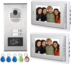 AMOCAM Video Intercom Entry System, Wired 7 inches LCD Monitor Video Door Phone Doorbell with 5PCS ID Card for 2 Units Apartment, Support Monitoring, Dual Way Door Intercom, ID Keyfob Unlock