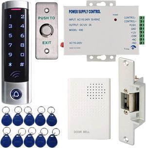 HWMATE Full Complete Access Control System Kit with Touch Keypad Power Supply Strike Lock Exit Button Door Bell Keyfobs for Single Door