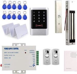 Door Entry System with RFID Keypad Reader+Electromagnetic Lock(Waterproof)+110V Power Supply Box+2 Push to Exit Button+Door Bell+RFID Keychains/Cards, Receptionist remotely Opens Door for Visitors